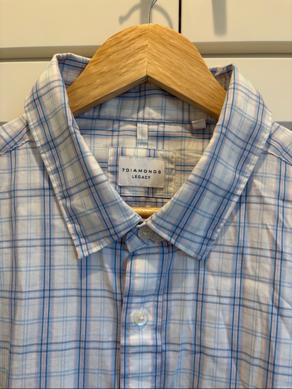 7 Diamonds Men’s Pale Blue, Pink, and White Plaid Button-Down Shirt